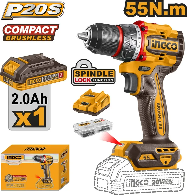Шуруповерт аккумуляторный INGCO CDLI205582, 20В, с аккумулятором 2 Ач и ЗУ, в кейсе