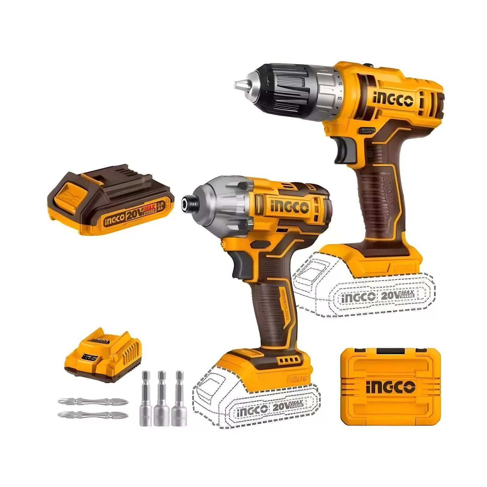 Шуруповерт и винтоверт ударный INGCO COSLI230708 с аккумуляторами и ЗУ в наборе (кейс)